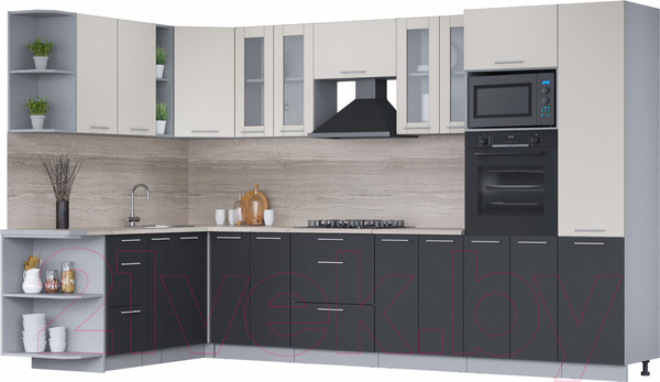 Изображение товара Кухонный гарнитур Интерлиния Мила 1.88x3.4 левая (персидский жемчуг/антрацит/травертин серый)