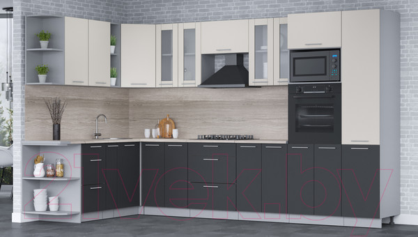 Изображение товара Кухонный гарнитур Интерлиния Мила 1.88x3.4 левая (персидский жемчуг/антрацит/травертин серый)