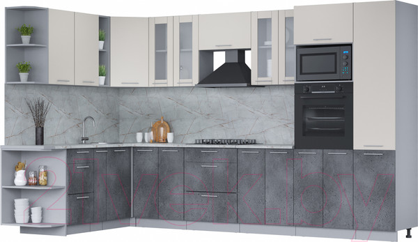 Изображение товара Кухонный гарнитур Интерлиния Мила 1.88x3.4 левая (персидский жемчуг/бетон портленд/серый каспий)