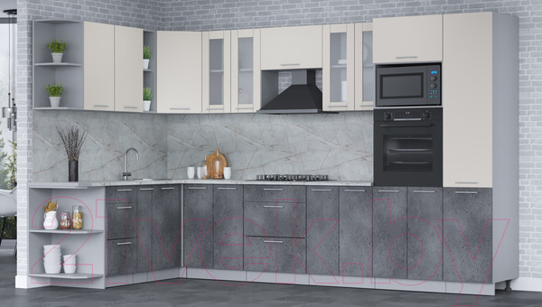 Изображение товара Кухонный гарнитур Интерлиния Мила 1.88x3.4 левая (персидский жемчуг/бетон портленд/серый каспий)