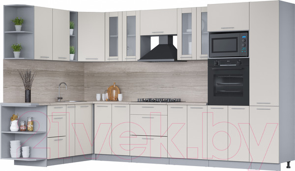 Изображение товара Кухонный гарнитур Интерлиния Мила 1.88x3.4 левая (персидский жемчуг/персидский жемчуг/травертин серый)