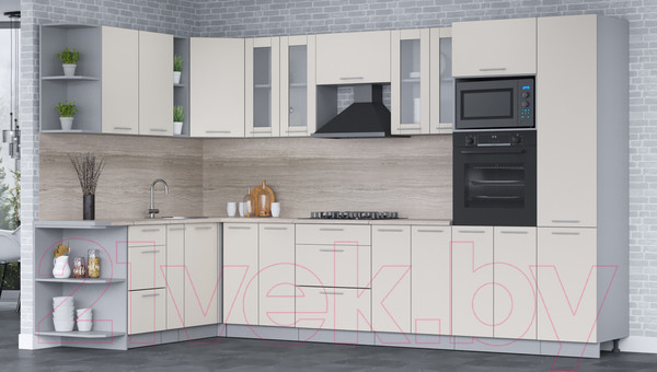 Изображение товара Кухонный гарнитур Интерлиния Мила 1.88x3.4 левая (персидский жемчуг/персидский жемчуг/травертин серый)