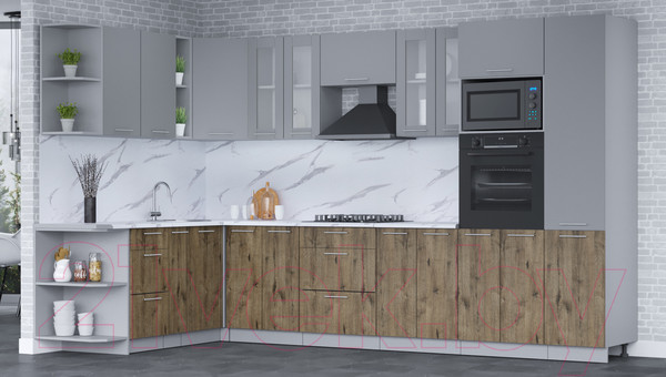 Изображение товара Кухонный гарнитур Интерлиния Мила 1.88x3.4 левая (серебро/дуб веллингтон/белый гранит)