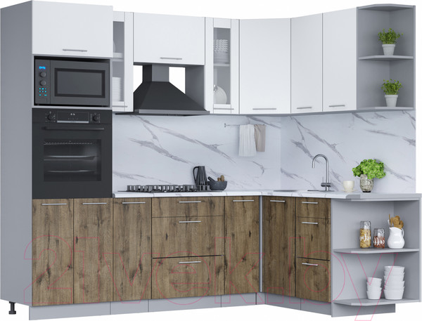 Изображение товара Кухонный гарнитур Интерлиния Мила 1.68x2.4 правая (белый платинум/дуб веллингтон/белый гранит)
