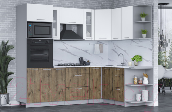 Изображение товара Кухонный гарнитур Интерлиния Мила 1.68x2.4 правая (белый платинум/дуб веллингтон/белый гранит)