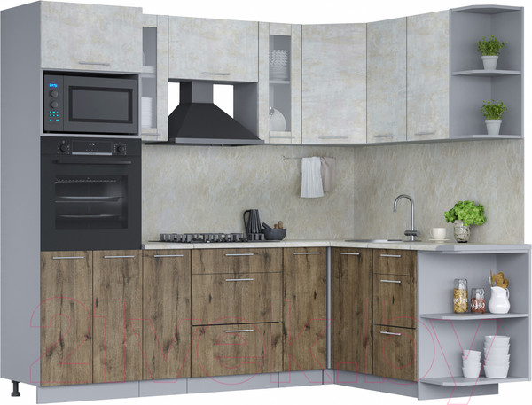 Изображение товара Кухонный гарнитур Интерлиния Мила 1.68x2.4 правая (бетон лайт/дуб веллингтон/опал светлый)