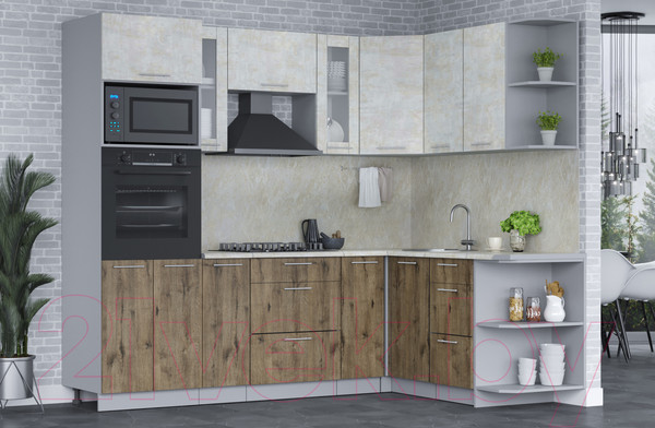 Изображение товара Кухонный гарнитур Интерлиния Мила 1.68x2.4 правая (бетон лайт/дуб веллингтон/опал светлый)