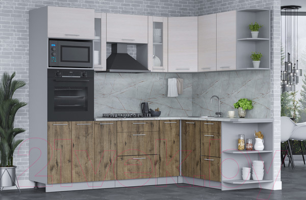 Изображение товара Кухонный гарнитур Интерлиния Мила 1.68x2.4 правая (вудлайн кремовый/дуб веллингтон/серый каспий)