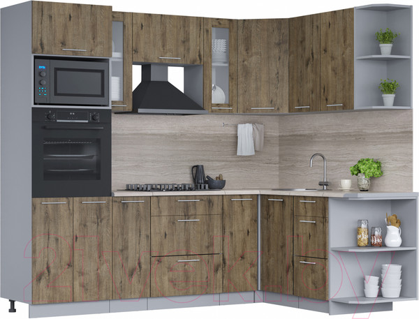 Изображение товара Кухонный гарнитур Интерлиния Мила 1.68x2.4 правая (дуб веллингтон/дуб веллингтон/травертин серый)
