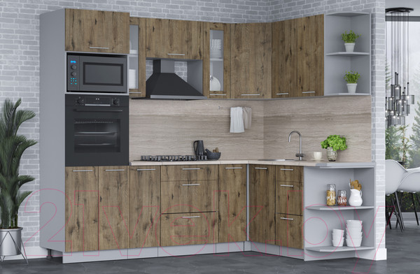 Изображение товара Кухонный гарнитур Интерлиния Мила 1.68x2.4 правая (дуб веллингтон/дуб веллингтон/травертин серый)