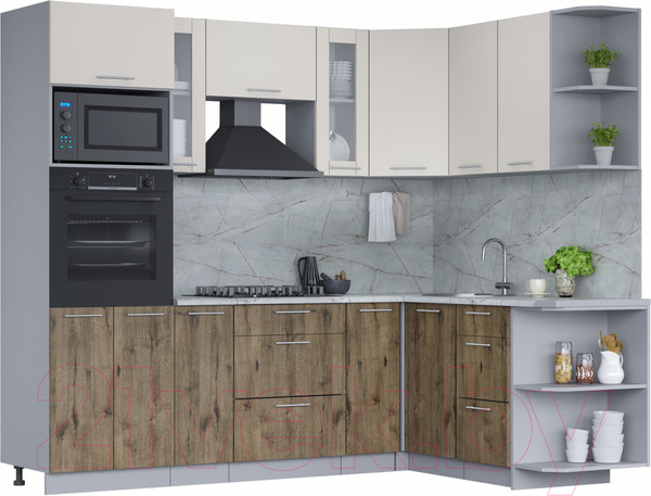 Изображение товара Кухонный гарнитур Интерлиния Мила 1.68x2.4 правая (персидский жемчуг/дуб веллингтон/серый каспий)