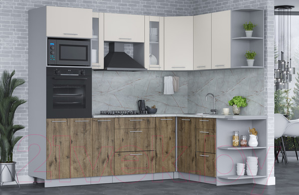 Изображение товара Кухонный гарнитур Интерлиния Мила 1.68x2.4 правая (персидский жемчуг/дуб веллингтон/серый каспий)