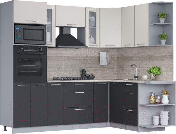 Изображение товара Кухонный гарнитур Интерлиния Мила 1.68x2.4 правая (персидский жемчуг/антрацит/травертин серый)