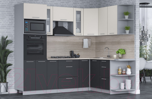 Изображение товара Кухонный гарнитур Интерлиния Мила 1.68x2.4 правая (персидский жемчуг/антрацит/травертин серый)