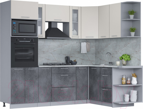 Изображение товара Кухонный гарнитур Интерлиния Мила 1.68x2.4 правая (персидский жемчуг/бетон портленд/серый каспий)