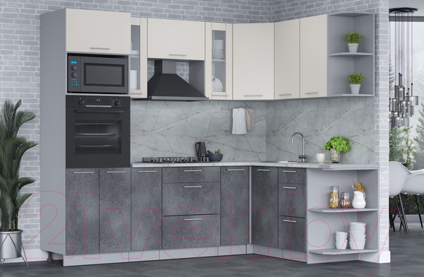 Изображение товара Кухонный гарнитур Интерлиния Мила 1.68x2.4 правая (персидский жемчуг/бетон портленд/серый каспий)