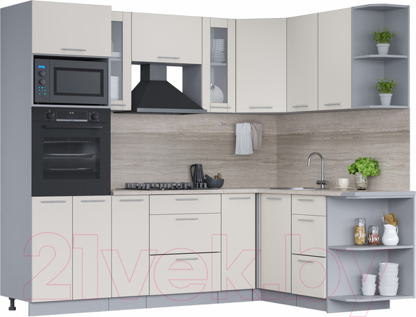 Изображение товара Кухонный гарнитур Интерлиния Мила 1.68x2.4 правая (персидский жемчуг/персидский жемчуг/травертин серый)