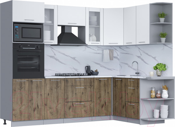 Изображение товара Кухонный гарнитур Интерлиния Мила 1.68x2.6 правая (белый платинум/дуб веллингтон/белый гранит)