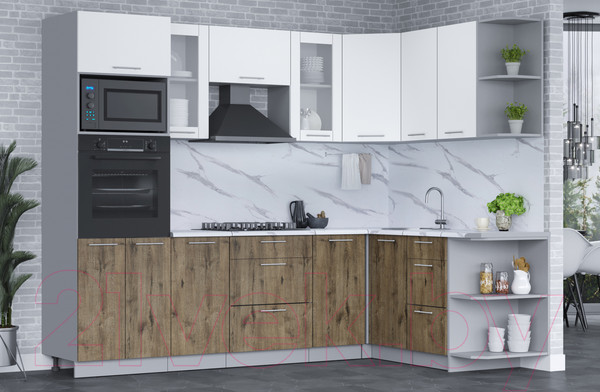 Изображение товара Кухонный гарнитур Интерлиния Мила 1.68x2.6 правая (белый платинум/дуб веллингтон/белый гранит)