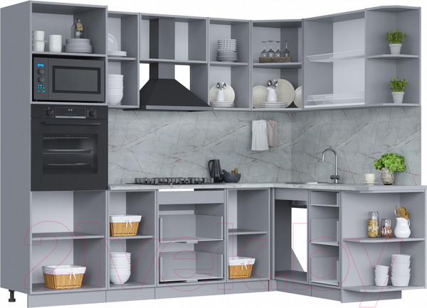 Изображение товара Кухонный гарнитур Интерлиния Мила 1.68x2.6 правая (белый платинум/дуб веллингтон/белый гранит)