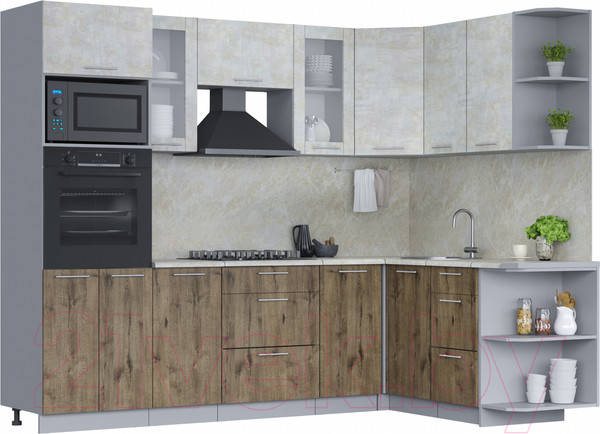 Изображение товара Кухонный гарнитур Интерлиния Мила 1.68x2.6 правая (бетон лайт/дуб веллингтон/опал светлый)