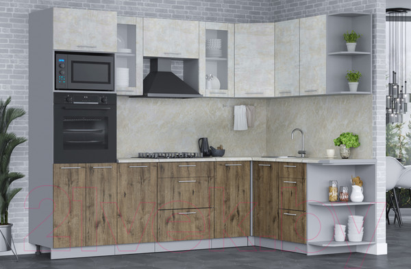 Изображение товара Кухонный гарнитур Интерлиния Мила 1.68x2.6 правая (бетон лайт/дуб веллингтон/опал светлый)