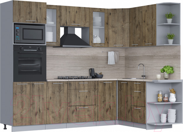 Изображение товара Кухонный гарнитур Интерлиния Мила 1.68x2.6 правая (дуб веллингтон/дуб веллингтон/травертин серый)