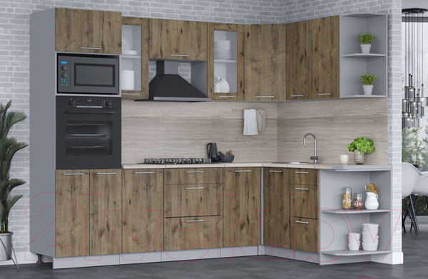 Изображение товара Кухонный гарнитур Интерлиния Мила 1.68x2.6 правая (дуб веллингтон/дуб веллингтон/травертин серый)