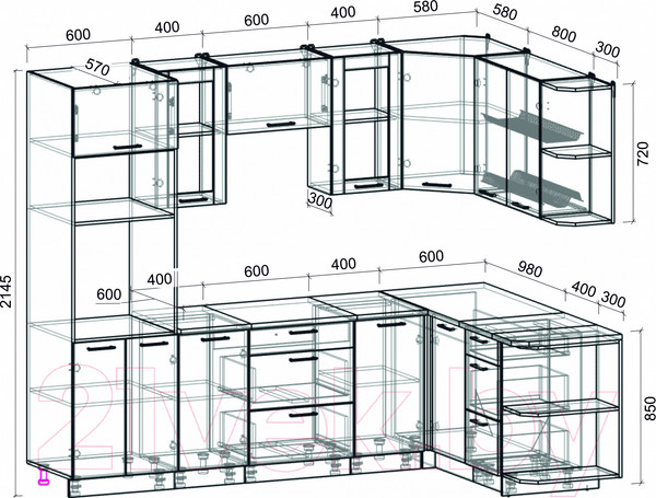 Изображение товара Кухонный гарнитур Интерлиния Мила 1.68x2.6 правая (дуб веллингтон/дуб веллингтон/травертин серый)