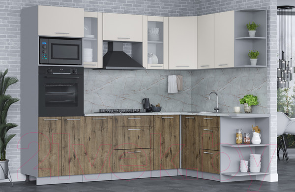 Изображение товара Кухонный гарнитур Интерлиния Мила 1.68x2.6 правая (персидский жемчуг/дуб веллингтон/серый каспий)