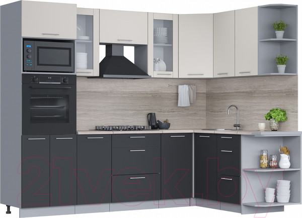 Изображение товара Кухонный гарнитур Интерлиния Мила 1.68x2.6 правая (персидский жемчуг/антрацит/травертин серый)