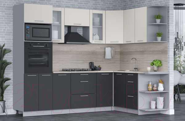 Изображение товара Кухонный гарнитур Интерлиния Мила 1.68x2.6 правая (персидский жемчуг/антрацит/травертин серый)