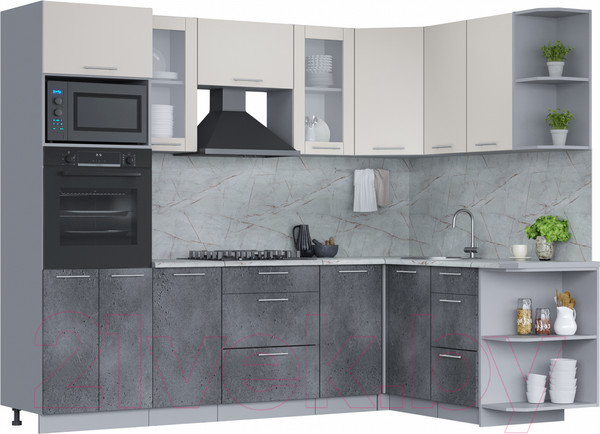 Изображение товара Кухонный гарнитур Интерлиния Мила 1.68x2.6 правая (персидский жемчуг/бетон портленд/серый каспий)