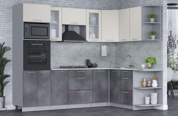 Изображение товара Кухонный гарнитур Интерлиния Мила 1.68x2.6 правая (персидский жемчуг/бетон портленд/серый каспий)