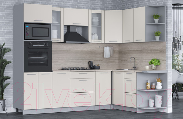 Изображение товара Кухонный гарнитур Интерлиния Мила 1.68x2.6 правая (персидский жемчуг/персидский жемчуг/травертин серый)