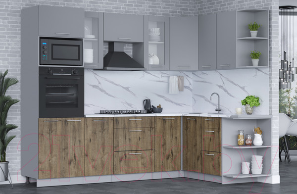 Изображение товара Кухонный гарнитур Интерлиния Мила 1.68x2.6 правая (серебро/дуб веллингтон/белый гранит)