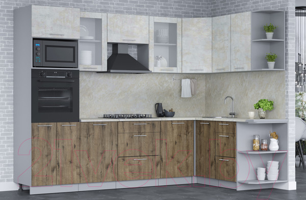 Изображение товара Кухонный гарнитур Интерлиния Мила 1.68x2.8 правая (бетон лайт/дуб веллингтон/опал светлый)