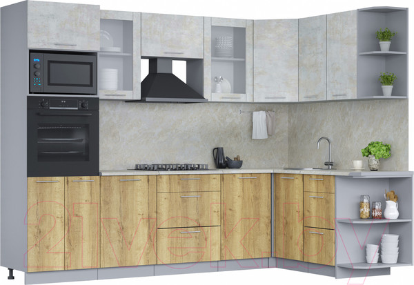 Изображение товара Кухонный гарнитур Интерлиния Мила 1.68x2.8 правая (бетон лайт/дуб золотой/опал светлый)