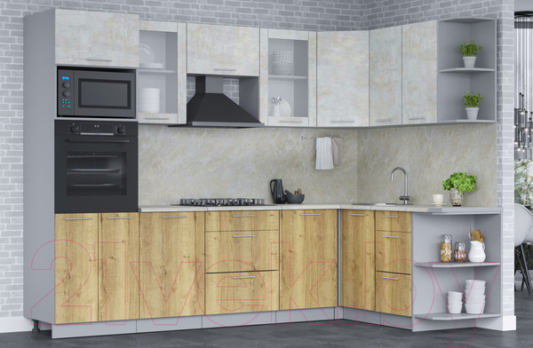 Изображение товара Кухонный гарнитур Интерлиния Мила 1.68x2.8 правая (бетон лайт/дуб золотой/опал светлый)