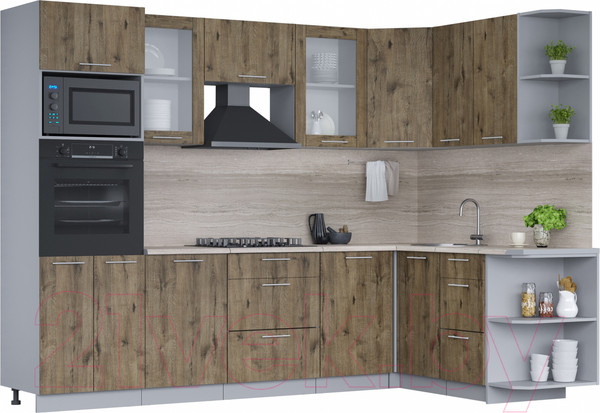 Изображение товара Кухонный гарнитур Интерлиния Мила 1.68x2.8 правая (дуб веллингтон/дуб веллингтон/травертин серый)