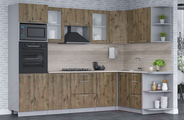 Изображение товара Кухонный гарнитур Интерлиния Мила 1.68x2.8 правая (дуб веллингтон/дуб веллингтон/травертин серый)