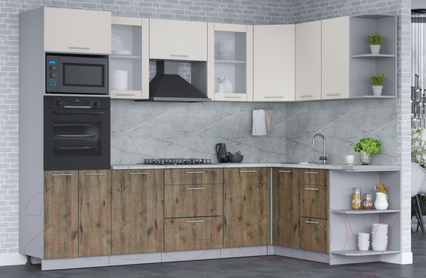 Изображение товара Кухонный гарнитур Интерлиния Мила 1.68x2.8 правая (персидский жемчуг/дуб веллингтон/серый каспий)