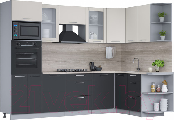 Изображение товара Кухонный гарнитур Интерлиния Мила 1.68x2.8 правая (персидский жемчуг/антрацит/травертин серый)