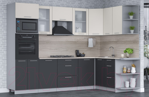 Изображение товара Кухонный гарнитур Интерлиния Мила 1.68x2.8 правая (персидский жемчуг/антрацит/травертин серый)