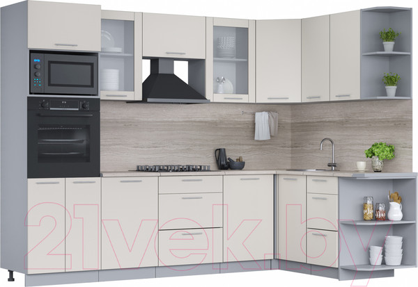 Изображение товара Кухонный гарнитур Интерлиния Мила 1.68x2.8 правая (персидский жемчуг/персидский жемчуг/травертин серый)