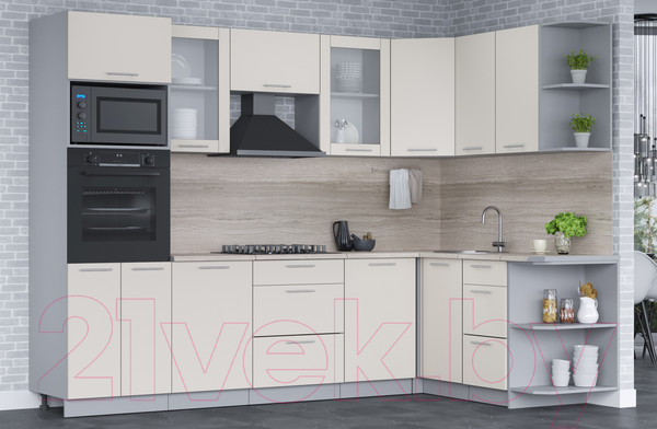 Изображение товара Кухонный гарнитур Интерлиния Мила 1.68x2.8 правая (персидский жемчуг/персидский жемчуг/травертин серый)