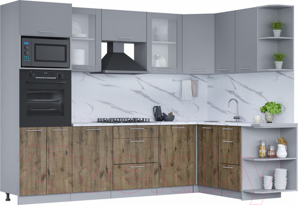 Изображение товара Кухонный гарнитур Интерлиния Мила 1.68x2.8 правая (серебро/дуб веллингтон/белый гранит)