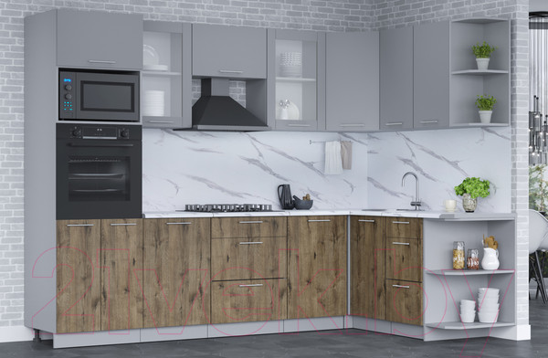 Изображение товара Кухонный гарнитур Интерлиния Мила 1.68x2.8 правая (серебро/дуб веллингтон/белый гранит)