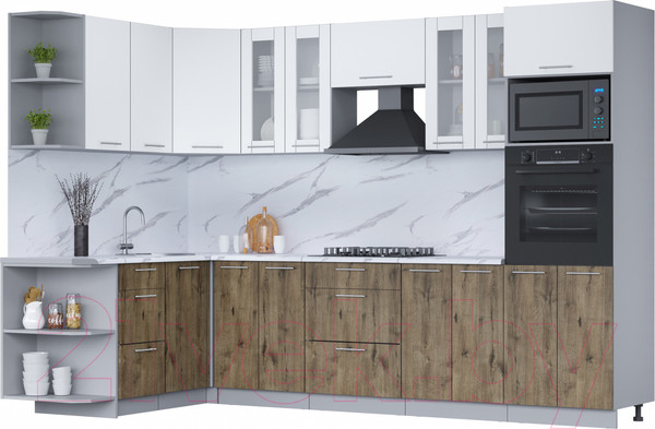 Изображение товара Кухонный гарнитур Интерлиния Мила 1.68x3.0 правая (белый платинум/дуб веллингтон/белый гранит)