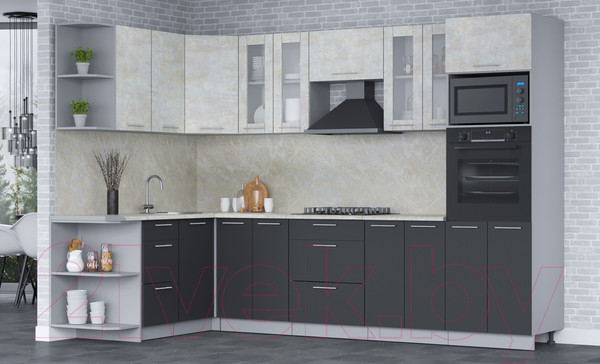 Изображение товара Кухонный гарнитур Интерлиния Мила 1.68x3.0 правая (бетон лайт/антрацит/опал светлый)